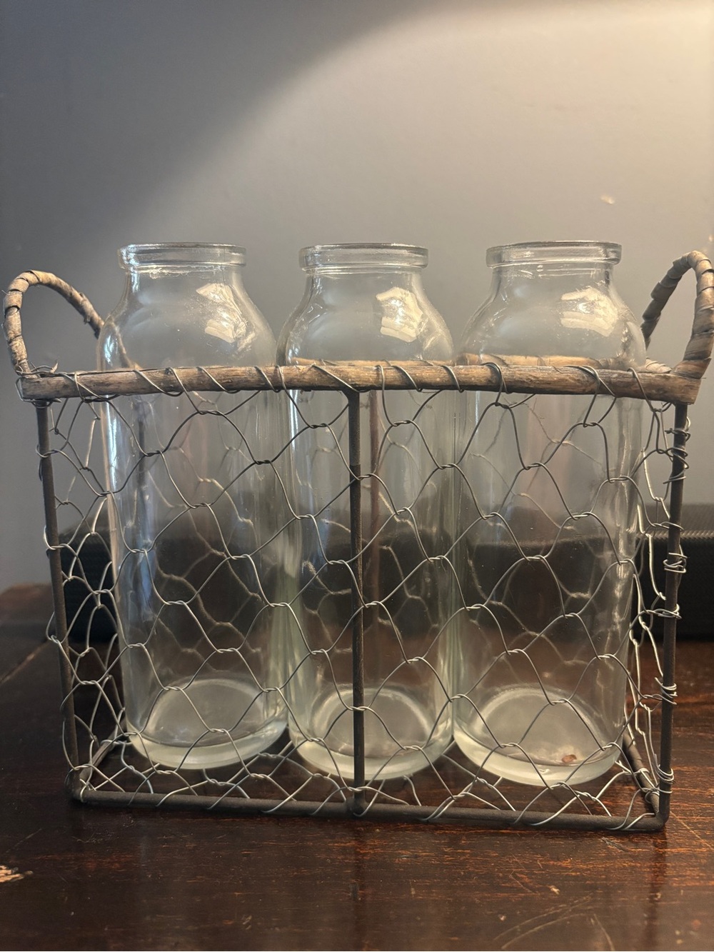 Rustic Farmhouse Wire Caddy with Three Clear Glass Bottles